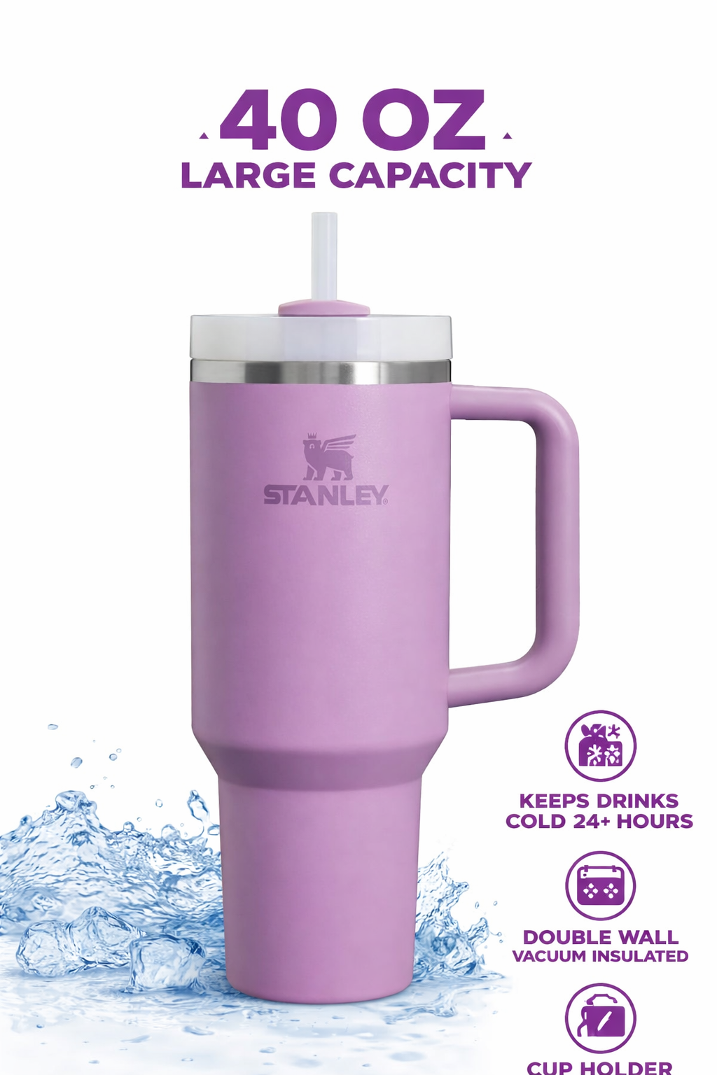 STANLEY Quencher H2.0 Flowstate Tumbler 1.2L - Cold for 11 Hours - Iced for 48 Hours - Metal Water Bottle with Straw, Handle and Lid - Dishwasher Safe - Travel Mug for Cold Drinks - Lilac