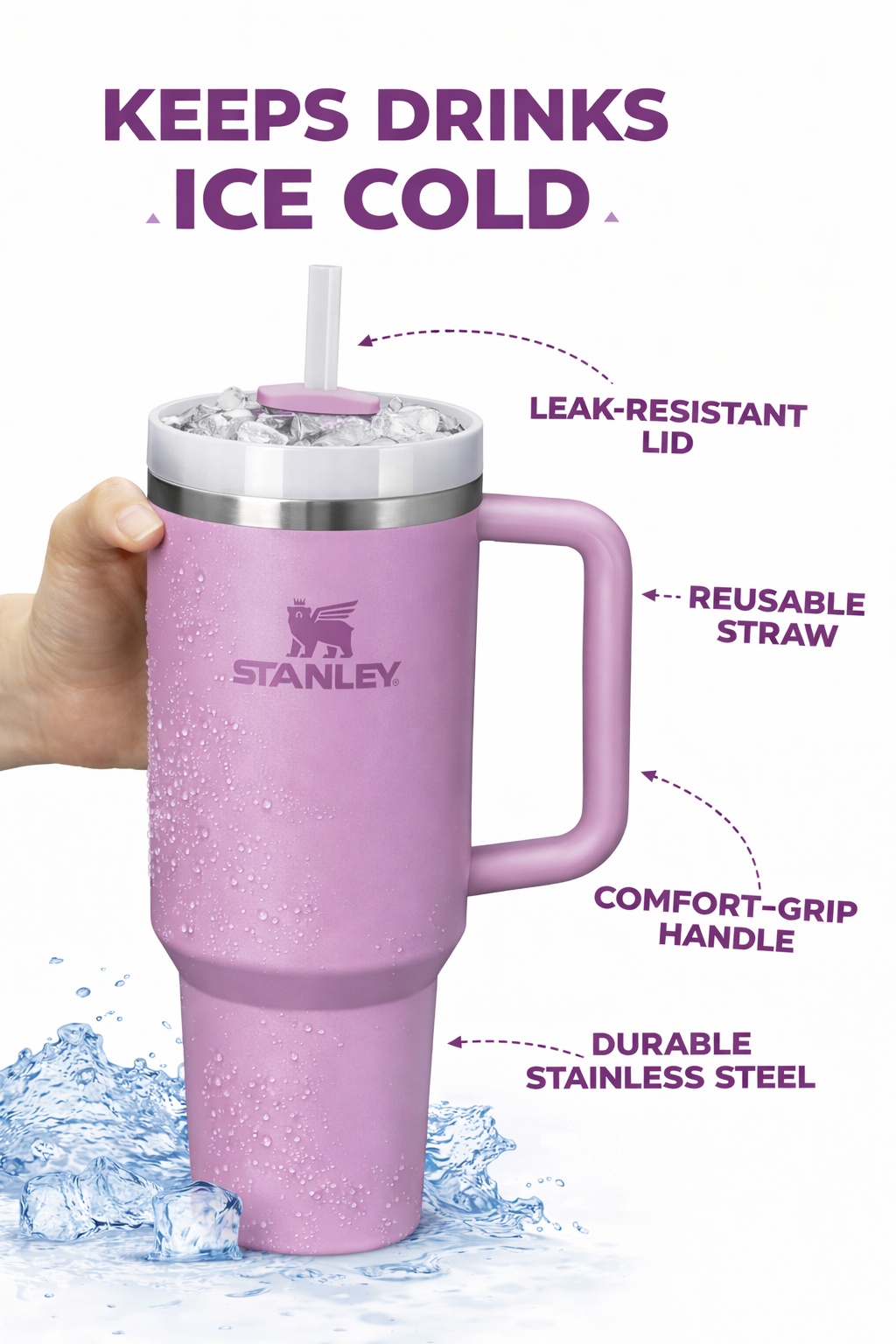 STANLEY Quencher H2.0 Flowstate Tumbler 1.2L - Cold for 11 Hours - Iced for 48 Hours - Metal Water Bottle with Straw, Handle and Lid - Dishwasher Safe - Travel Mug for Cold Drinks - Lilac