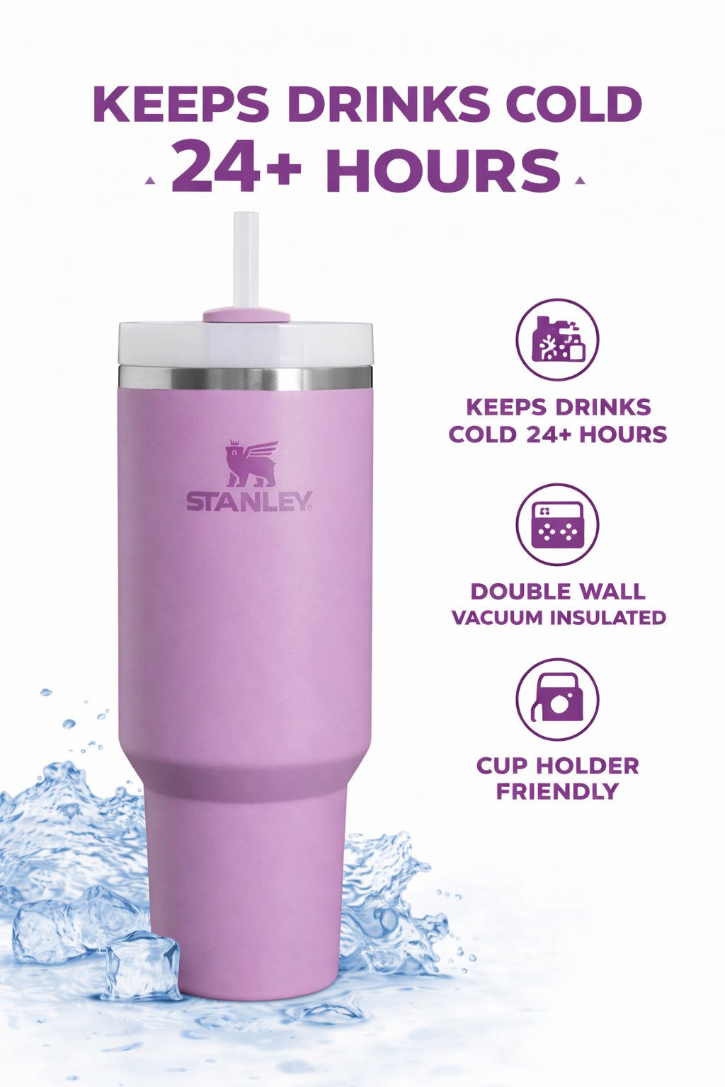 STANLEY Quencher H2.0 Flowstate Tumbler 1.2L - Cold for 11 Hours - Iced for 48 Hours - Metal Water Bottle with Straw, Handle and Lid - Dishwasher Safe - Travel Mug for Cold Drinks - Lilac