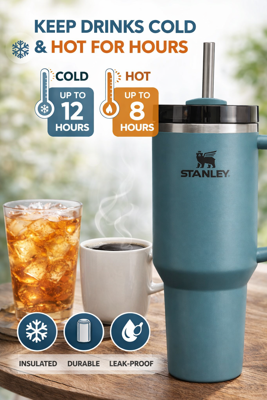 STANLEY Quencher H2.0 Flowstate Tumbler 1.2L - Cold for 11 Hours - Iced for 48 Hours - Metal Water Bottle with Straw, Handle and Lid - Dishwasher Safe - Travel Mug for Cold Drinks - Blue Spruce