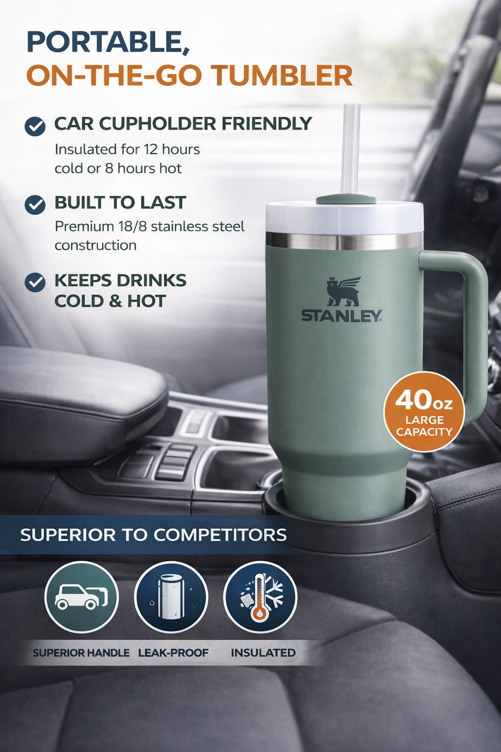 STANLEY Quencher H2.0 Flowstate Tumbler 1.2L - Cold for 11 Hours - Iced for 48 Hours - Metal Water Bottle with Straw, Handle and Lid - Dishwasher Safe - Travel Mug for Cold Drinks - Shale
